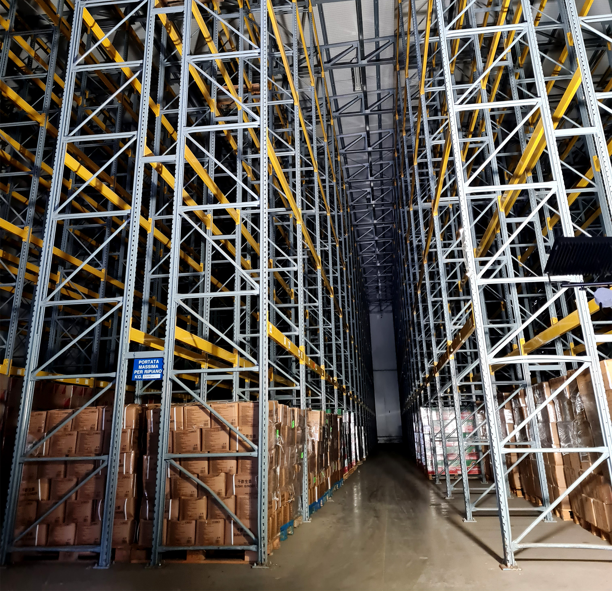 Struttura autoportante con scaffalature industriali per lo stoccaggio ad alta densità.