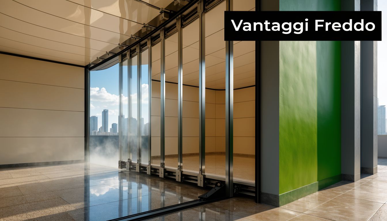Porte ad impacchettamento rapido moderne con vetrate scorrevoli che si aprono su una vista urbana panoramica.