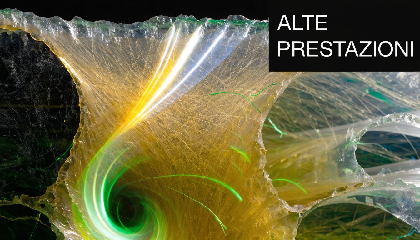Astratto primo piano di filamenti in fibra di vetro che creano un dinamico effetto vortice luminoso colorato.