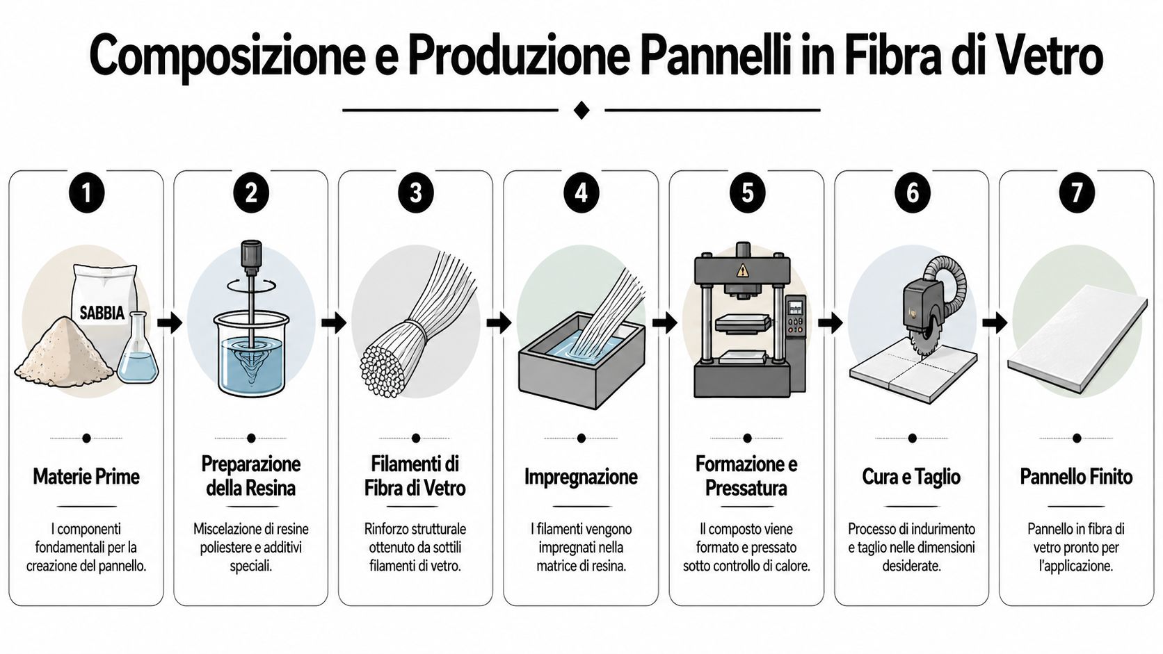 Schema illustrato che descrive le sette fasi del processo di produzione industriale dei pannelli in fibra di vetro.