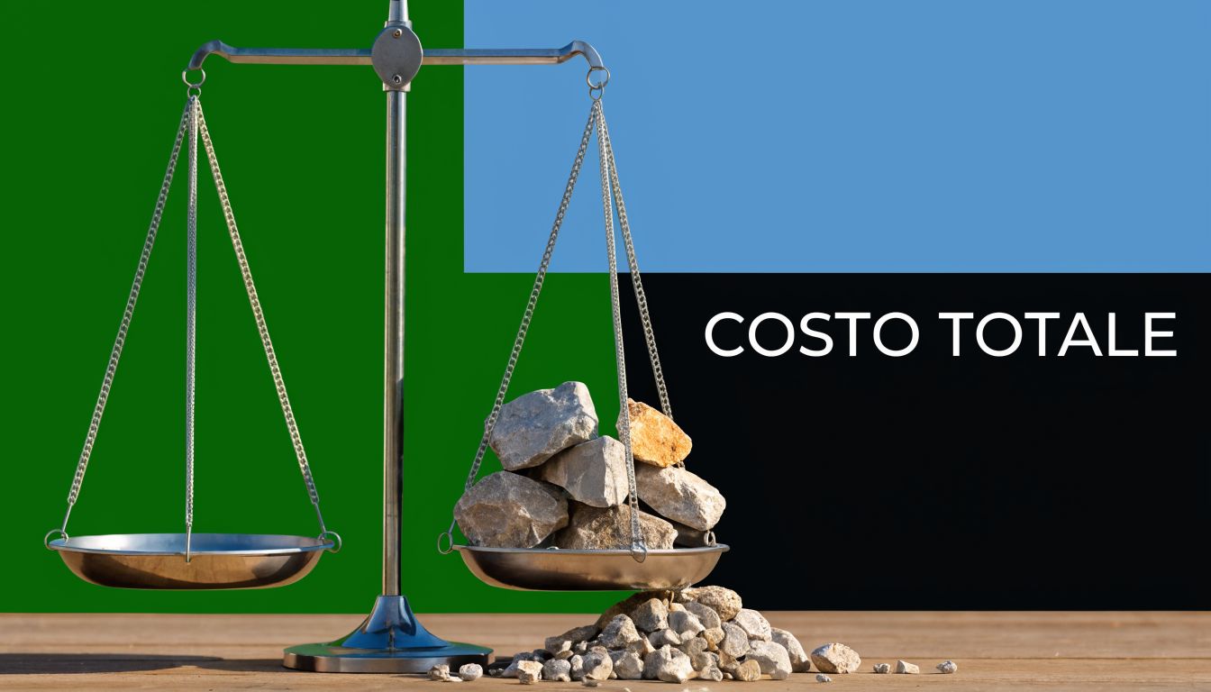 Una bilancia a due piatti con rocce su un lato, simboleggiante il concetto di costo totale industriale.