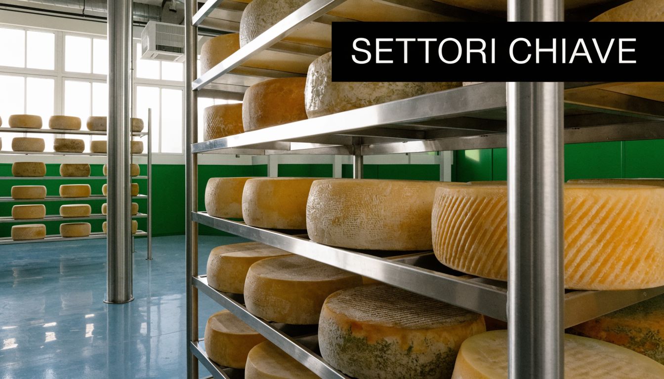 Ruote di formaggio stagionate su scaffalature metalliche all'interno di un magazzino refrigerato industriale.