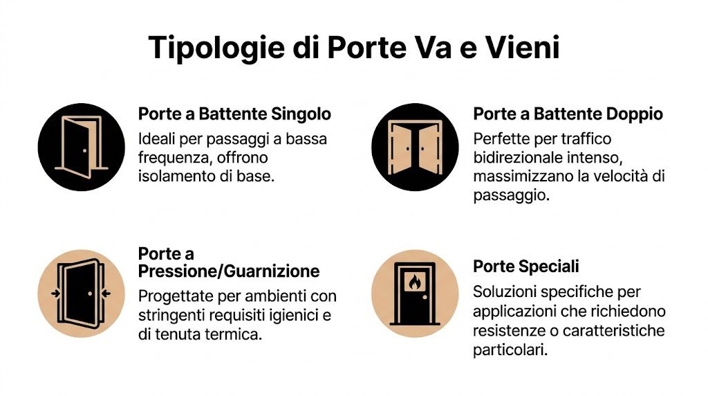 Grafica informativa sulle diverse tipologie di porte va e vieni, incluse quelle a battente, pressione e speciali.