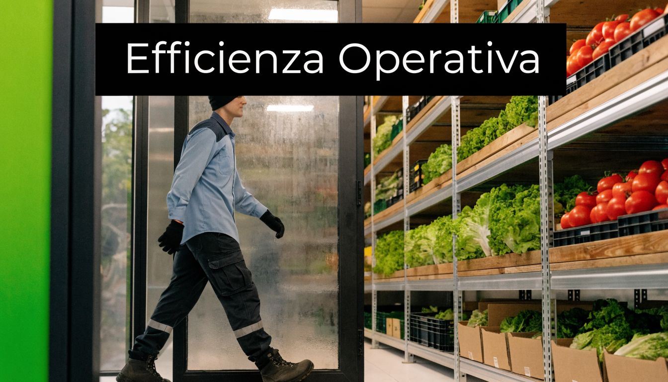 Un addetto con abbigliamento da lavoro entra in una cella frigorifera industriale piena di cassette di verdura fresca.