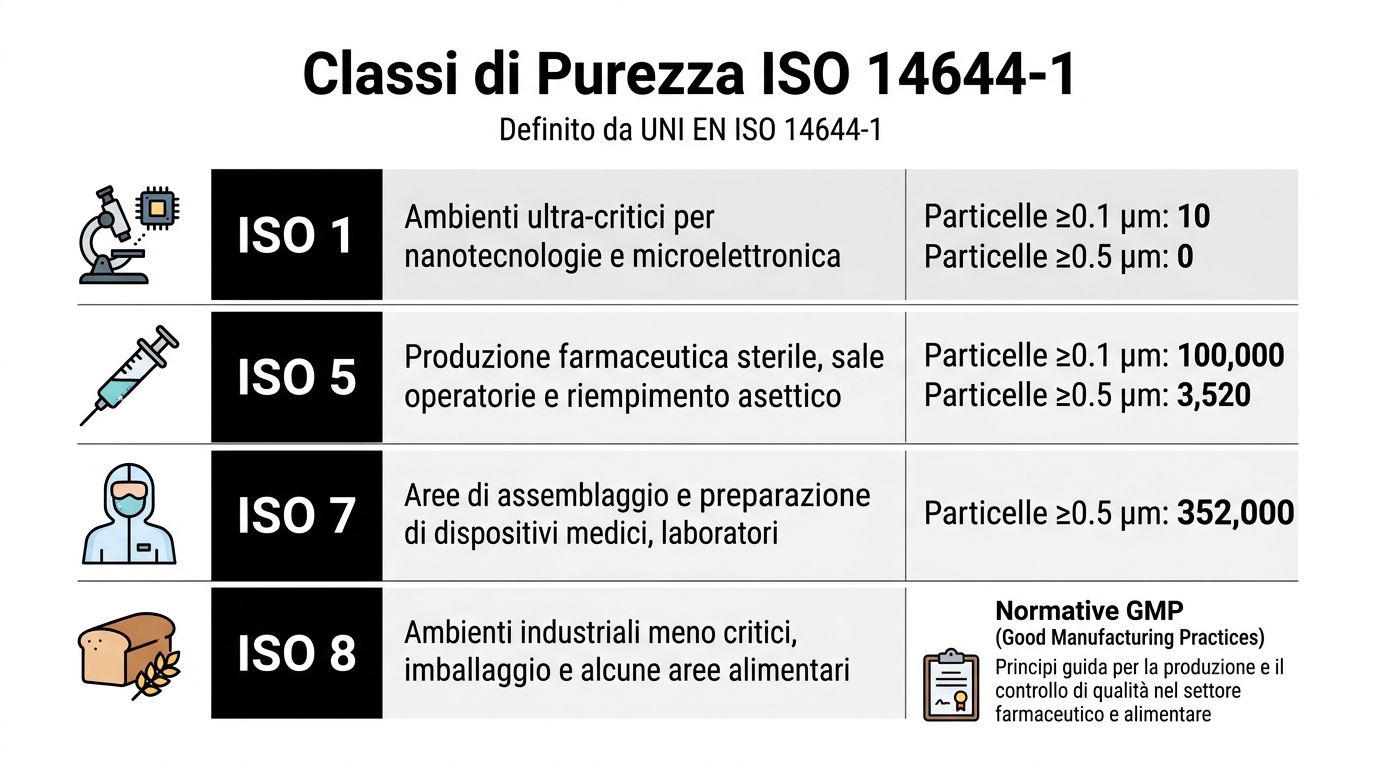 Tabella informativa sulle classi di purezza ISO 14644-1 per camere bianche e ambienti a contaminazione controllata.