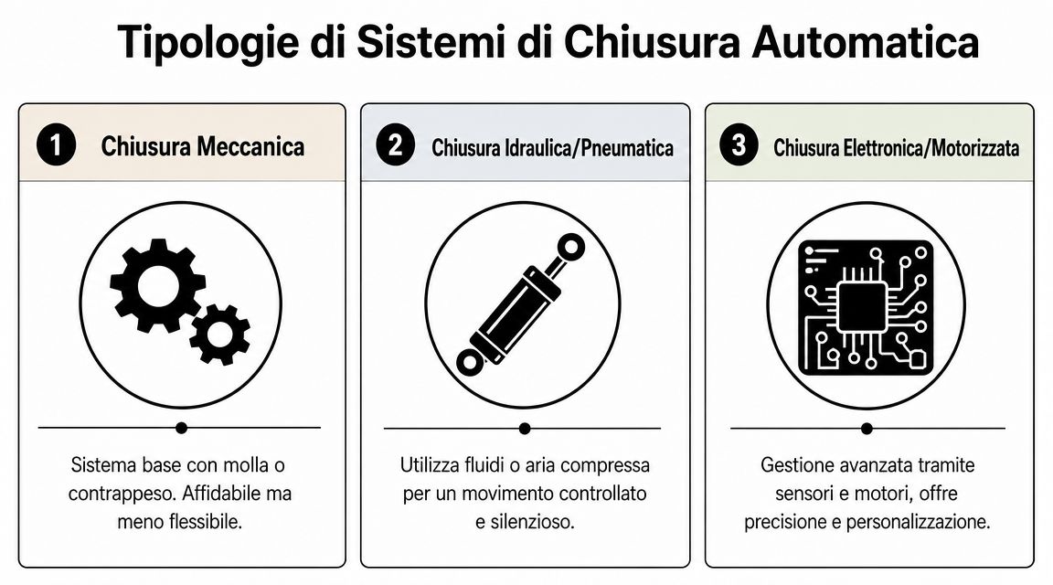 Infografica illustrante tre tipologie di sistemi di chiusura automatica: meccanica, idraulica o pneumatica ed elettronica motorizzata.