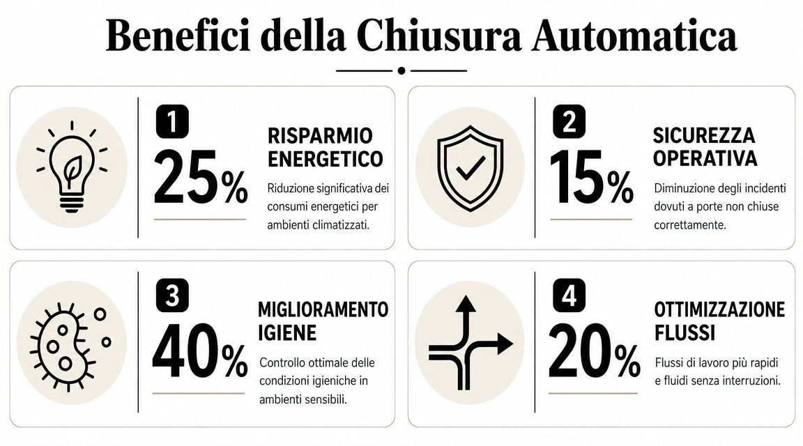 Infografica che illustra i quattro principali vantaggi dell'installazione di sistemi di chiusura automatica per porte scorrevoli.