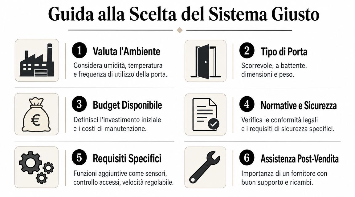 Infografica con sei punti fondamentali per scegliere il sistema di chiusura automatica per porte scorrevoli.