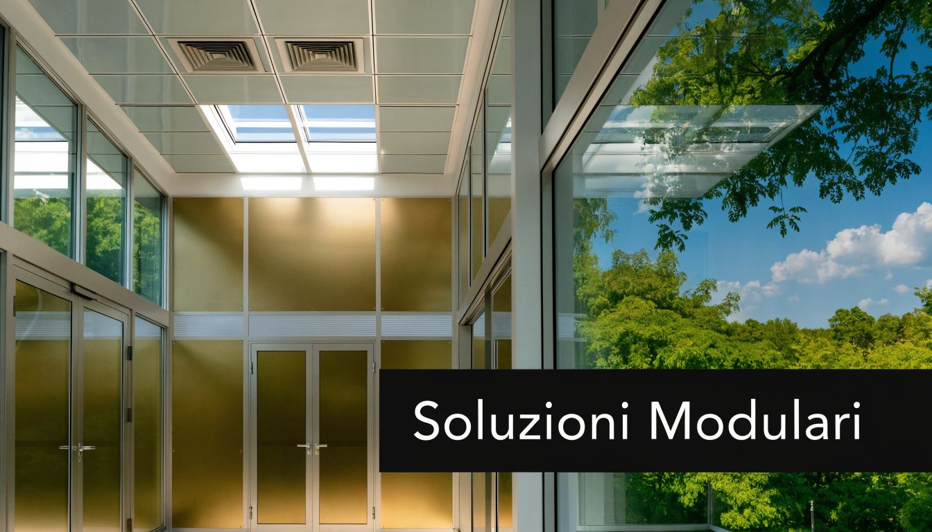Interno di un moderno ufficio con pareti modulari, soffitto a pannelli e vista su bosco verdeggiante.