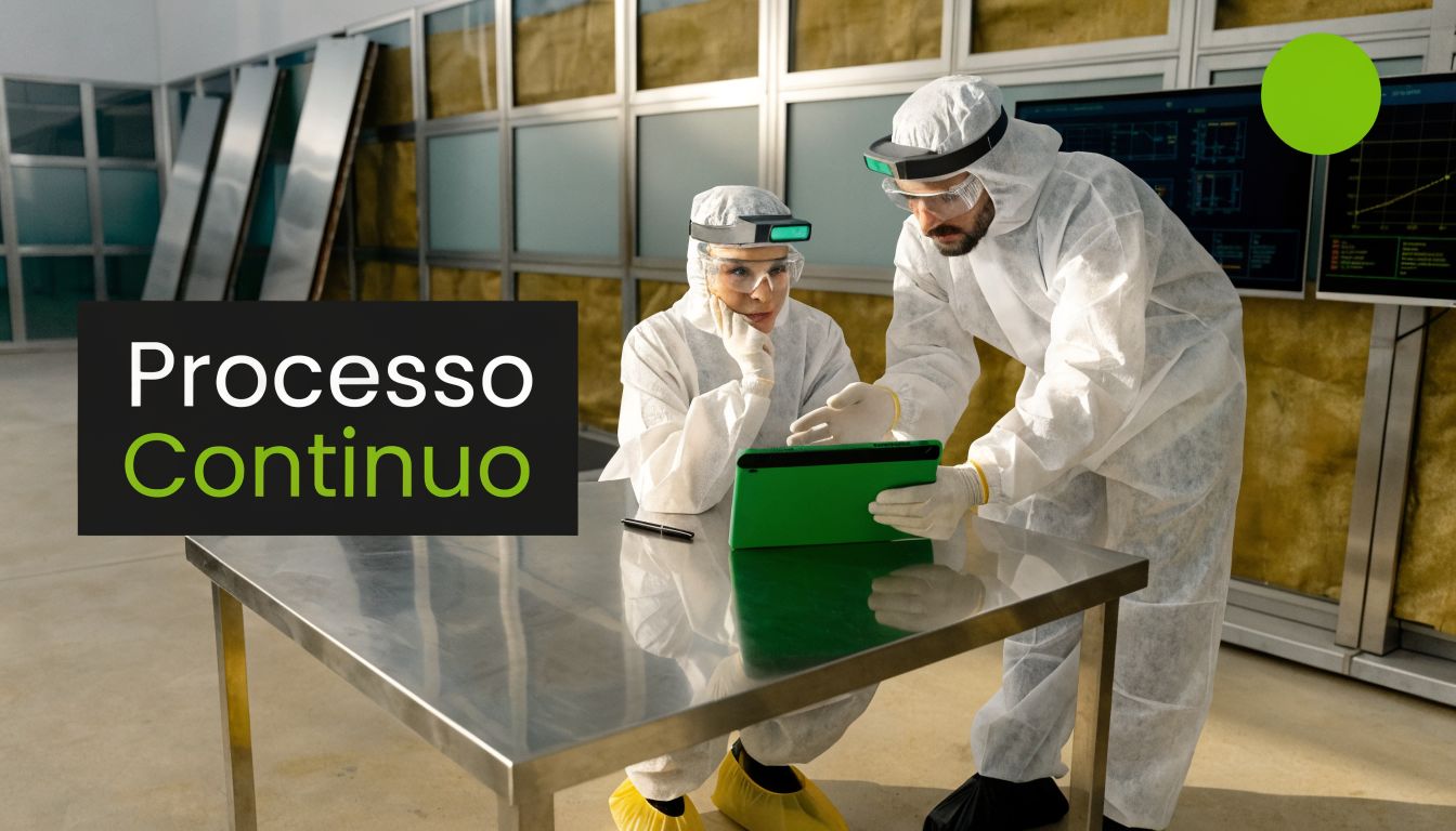Due ricercatori in tute protettive bianche analizzano dati su un tablet all'interno di una camera bianca biomedicale.