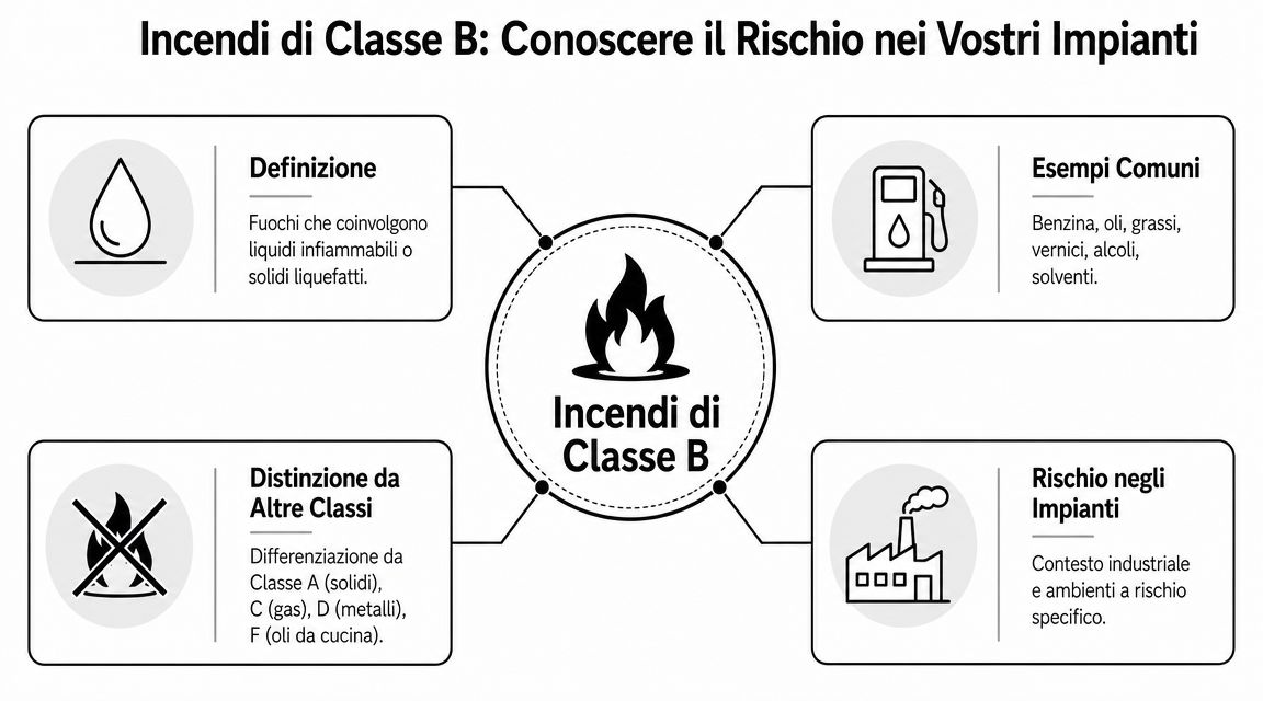 Infografica informativa sugli incendi di classe B, spiegando definizioni, esempi comuni, distinzioni tra classi e rischi industriali.