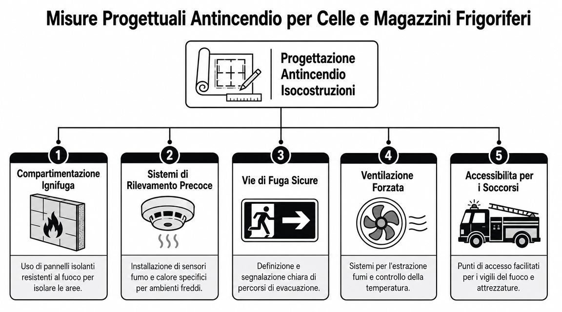 Diagramma che illustra le cinque misure progettuali antincendio essenziali per celle e magazzini frigoriferi industriali.