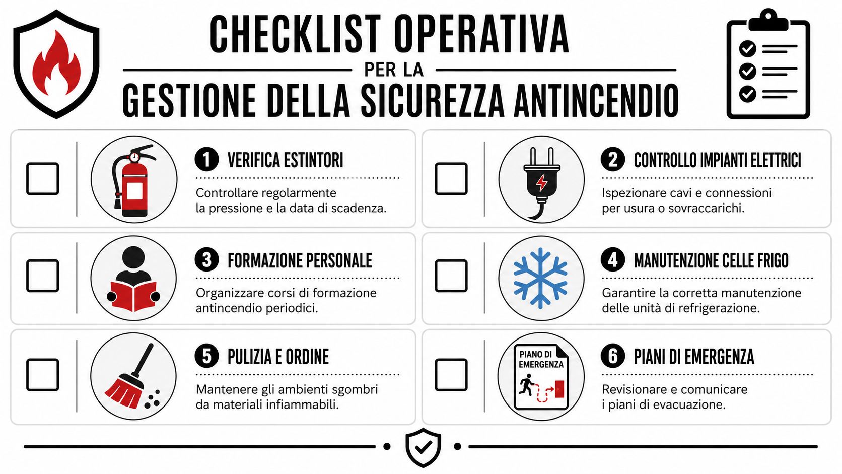 Checklist operativa per la gestione della sicurezza antincendio con sei punti chiave illustrati per prevenire incendi.