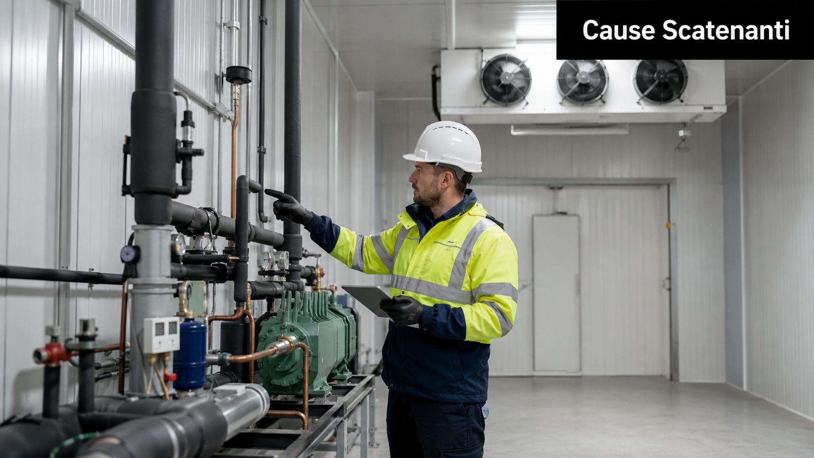 Un tecnico specializzato che indossa un elmetto e giubbotto alta visibilità ispeziona un impianto industriale di refrigerazione.