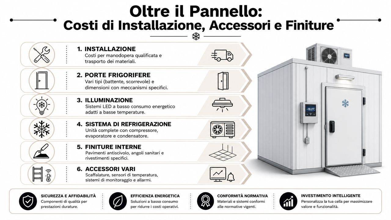 Infografica sui componenti aggiuntivi, installazione e finiture necessari per la costruzione di celle frigorifere professionali.