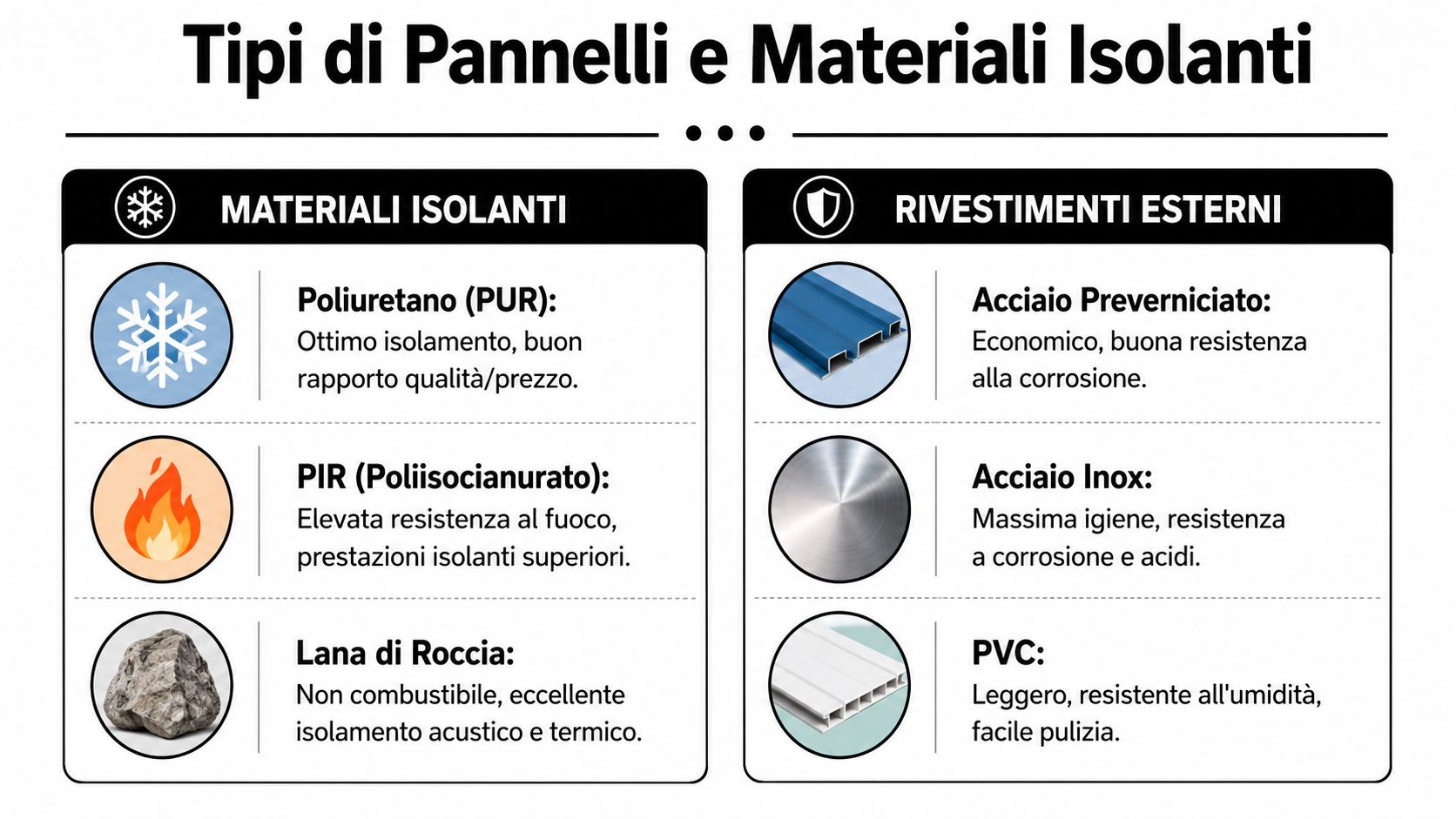 Tabella comparativa sui diversi tipi di pannelli isolanti e rivestimenti esterni utilizzati per l'edilizia industriale.