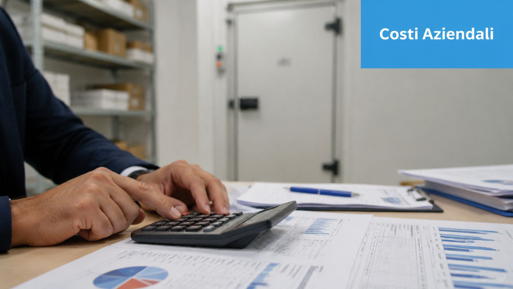 Un professionista analizza documenti finanziari e grafici aziendali utilizzando una calcolatrice su una scrivania da ufficio.