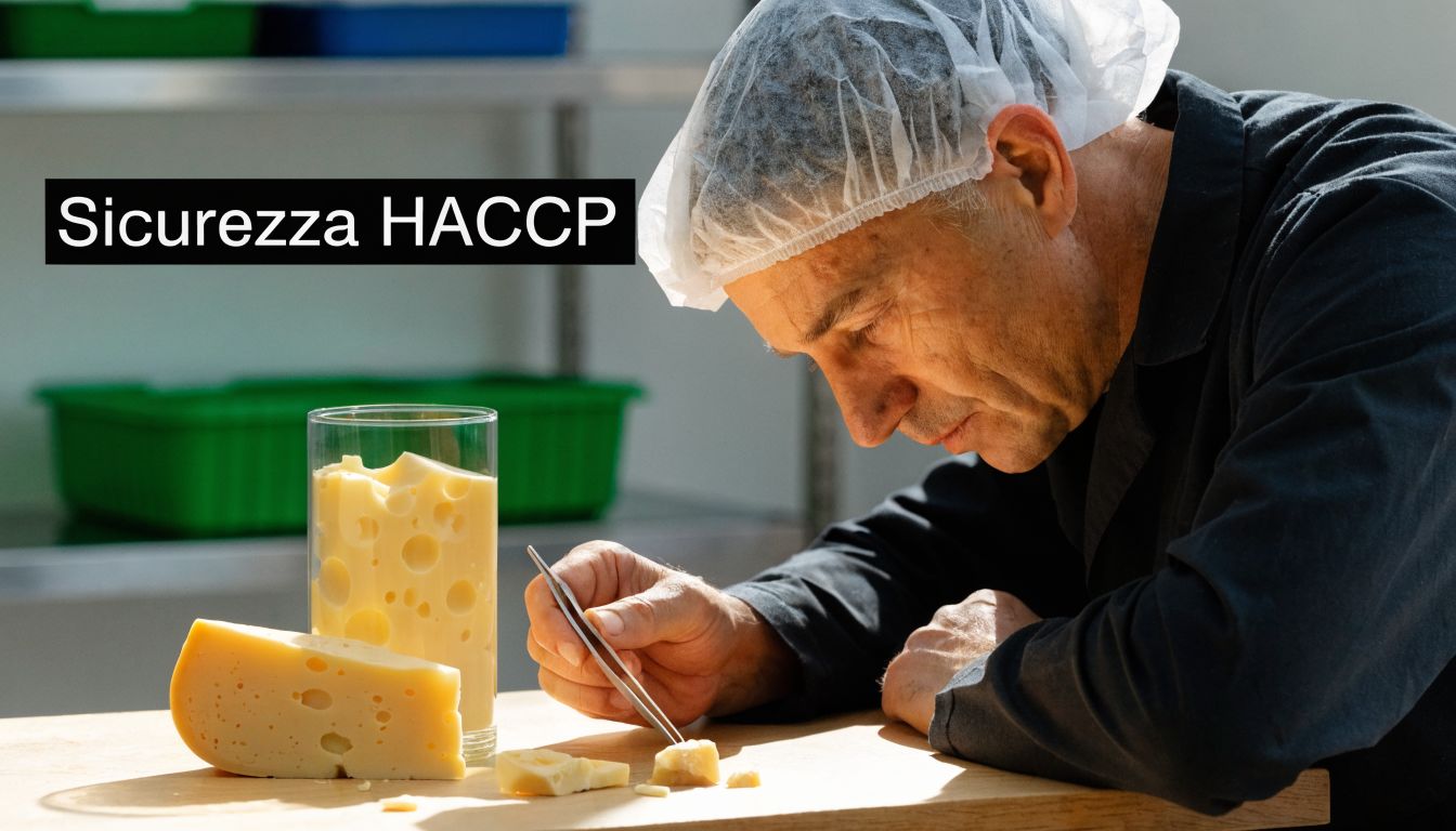 Un tecnico di caseificio indossa una cuffia protettiva mentre analizza con attenzione un campione di formaggio svizzero.