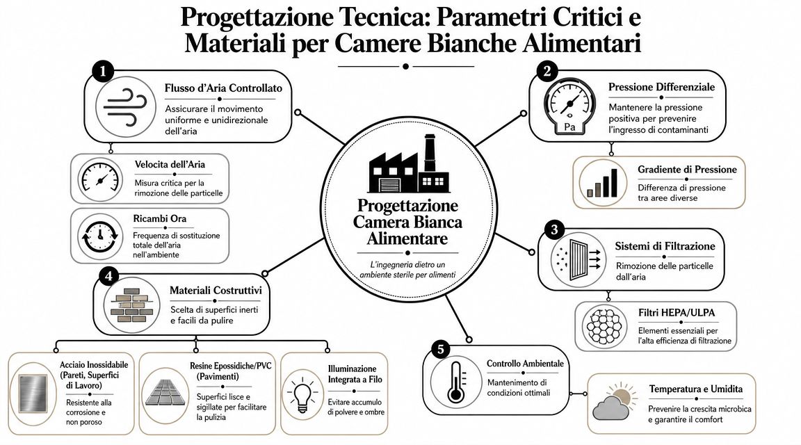 Infografica tecnica sui parametri e materiali fondamentali per la progettazione di camere bianche nel settore alimentare.