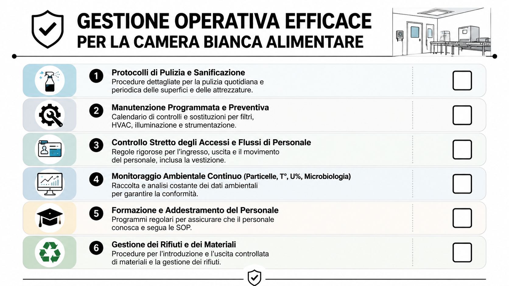 Infografica sulla gestione operativa efficace di una camera bianca nel settore alimentare con sei punti chiave elencati.