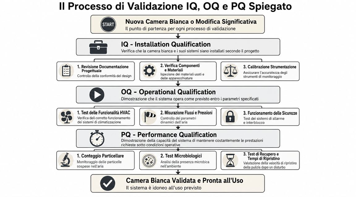 Diagramma che illustra il processo di validazione IQ, OQ e PQ per una camera bianca professionale.