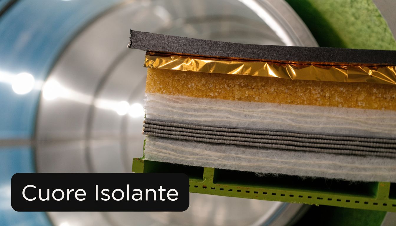Dettaglio in sezione del cuore isolante multistrato utilizzato per l'isolamento termico di una cella frigorifera per casa.