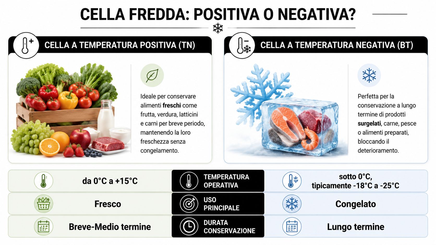 Confronto tra celle frigorifere a temperatura positiva e negativa con esempi di conservazione alimenti e intervalli termici.