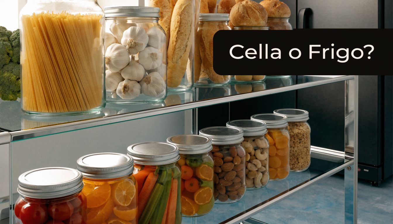 Scaffale in vetro con barattoli contenenti pasta, aglio, frutta secca e verdure, tipico di una moderna dispensa.