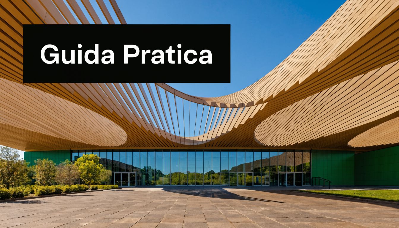 Ingresso moderno di un polo fieristico con un'ampia struttura architettonica in legno e vetrate panoramiche.