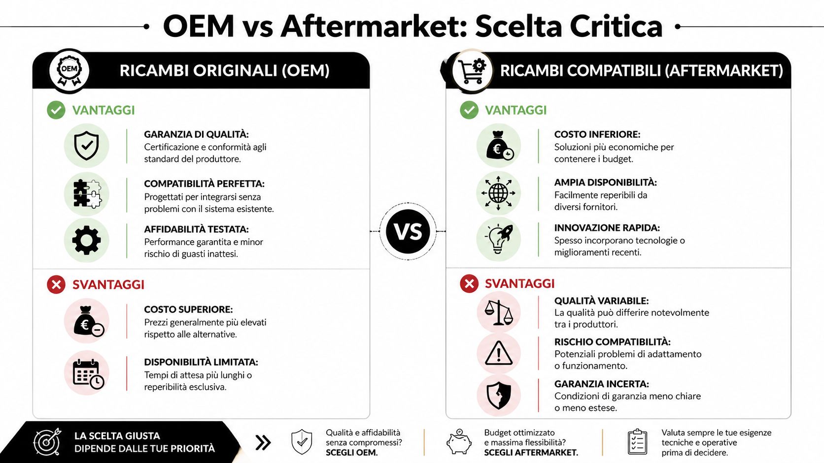 Confronto grafico tra ricambi originali OEM e ricambi compatibili aftermarket per manutenzione macchinari e impianti.