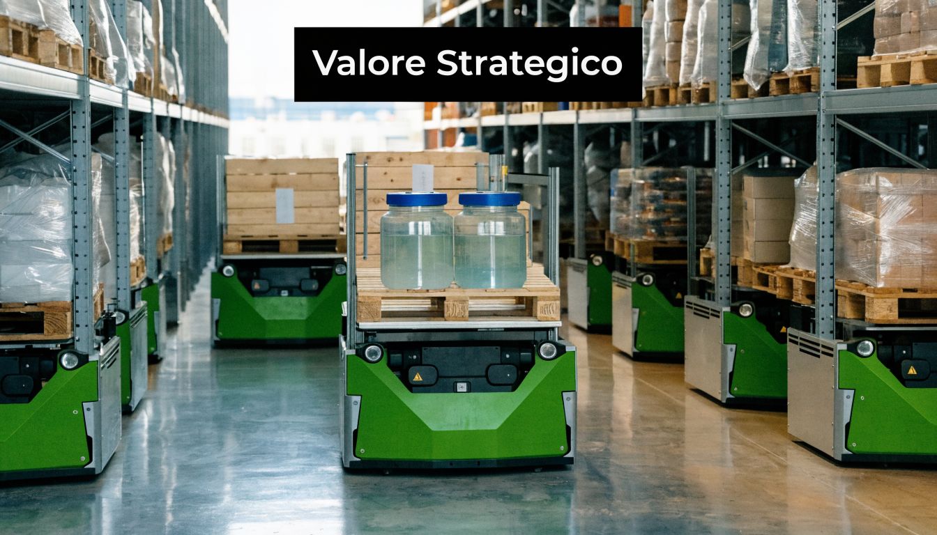 Robot a guida autonoma trasportano merci in un magazzino industriale con scaffalature alte e carichi pallettizzati.