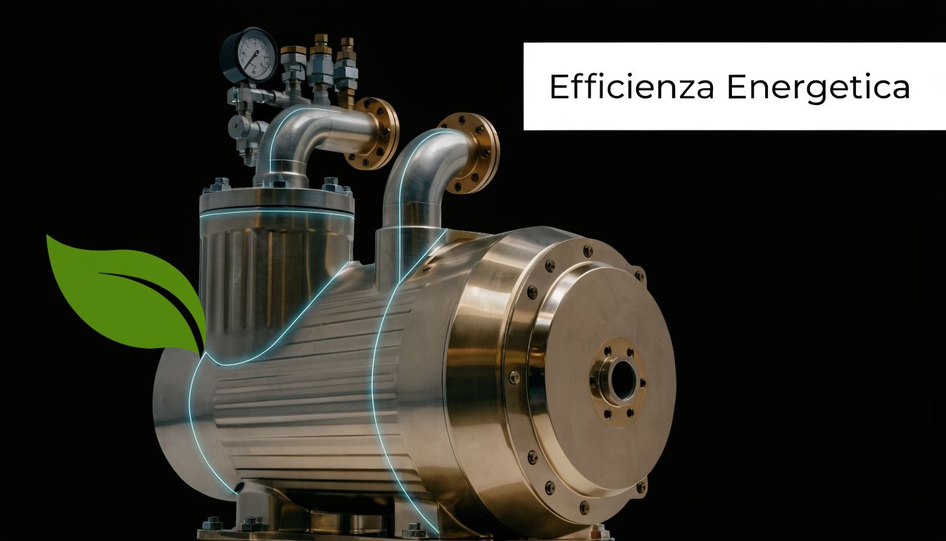 Un compressore industriale in metallo lucido con una foglia verde, simbolo di efficienza energetica e sostenibilità ambientale.