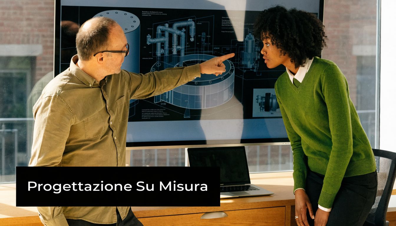 Due colleghi discutono davanti a un monitor che mostra disegni tecnici di impianti frigoriferi industriali in ufficio.