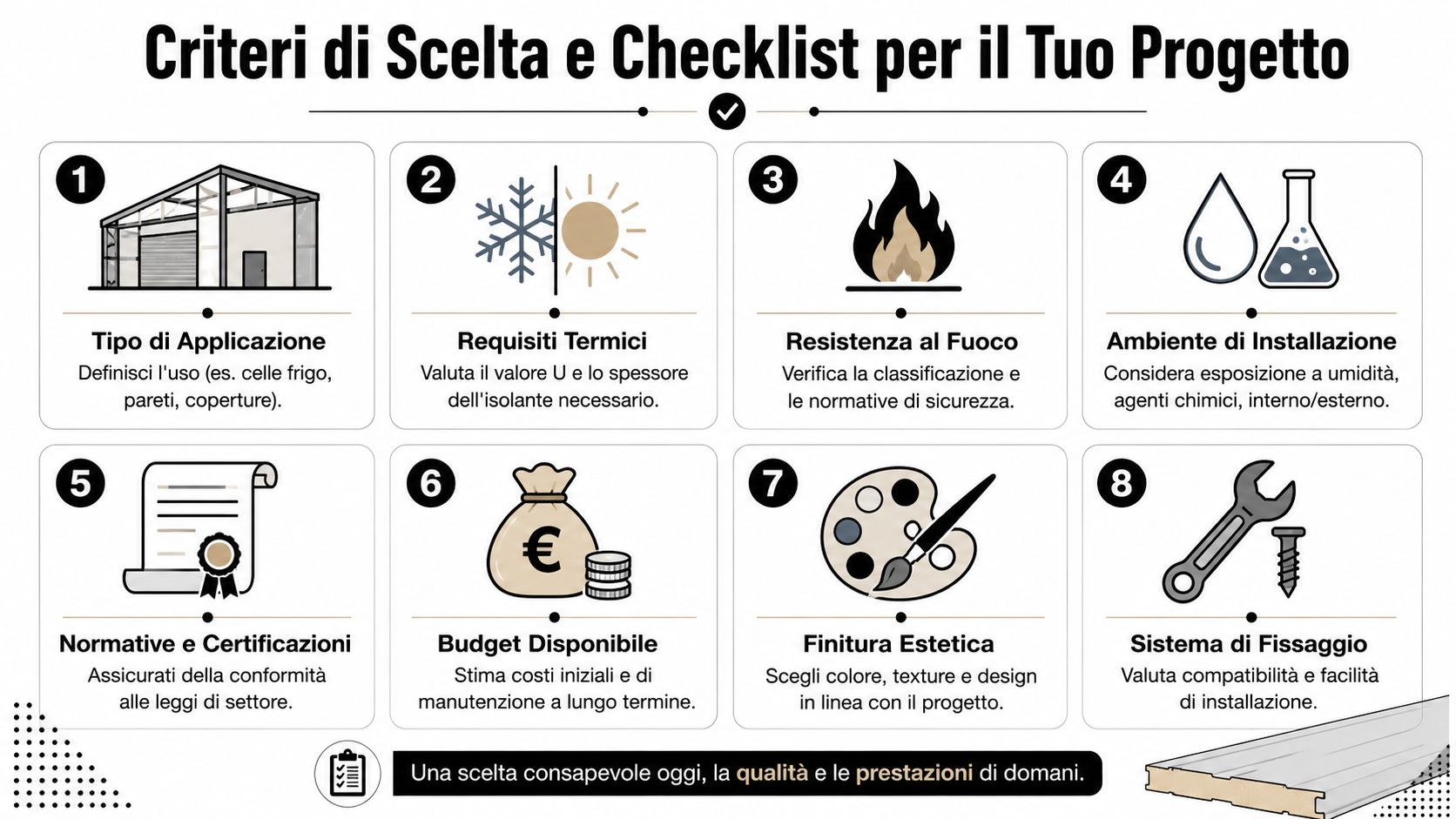 Infografica con otto criteri essenziali per la scelta di pannelli isolanti per l'edilizia e i progetti.