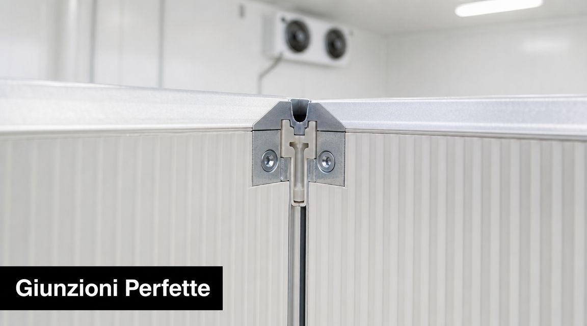 Dettaglio tecnico di una giunzione tra pannelli in alluminio coibentato per celle frigorifere di alta qualità.