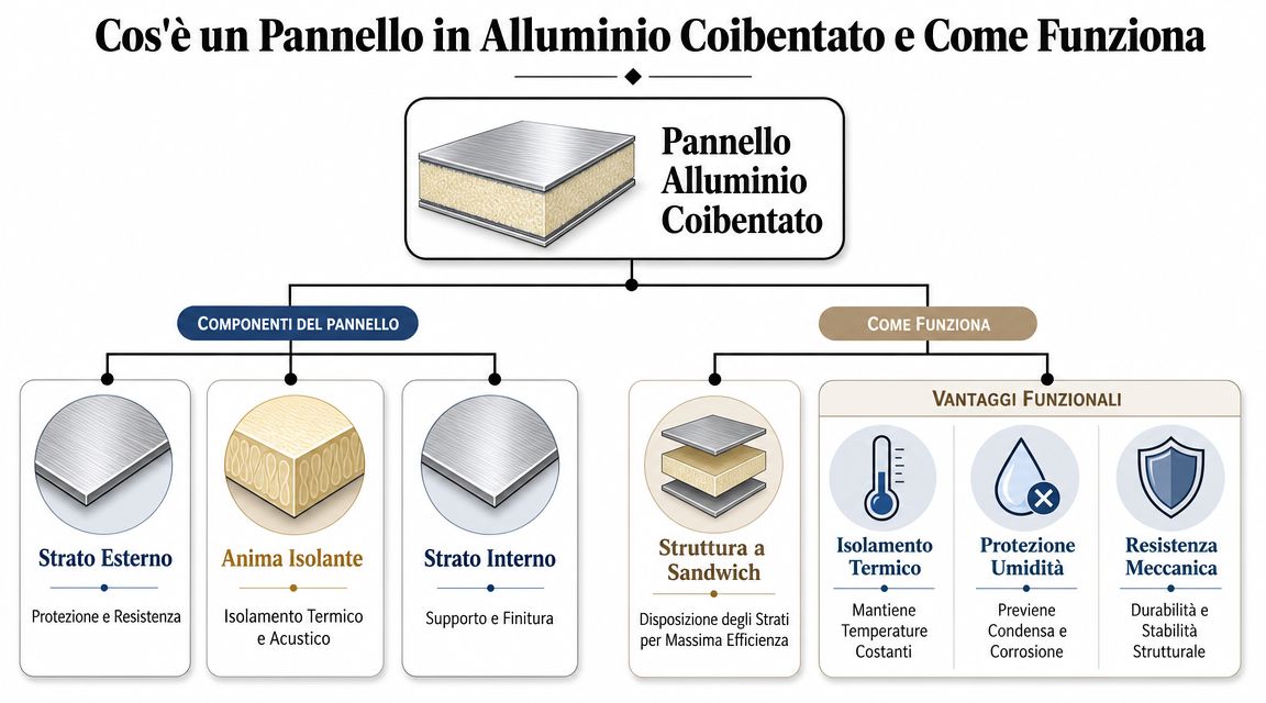Diagramma esplicativo che mostra la struttura a sandwich di un pannello in alluminio coibentato e i vantaggi funzionali.