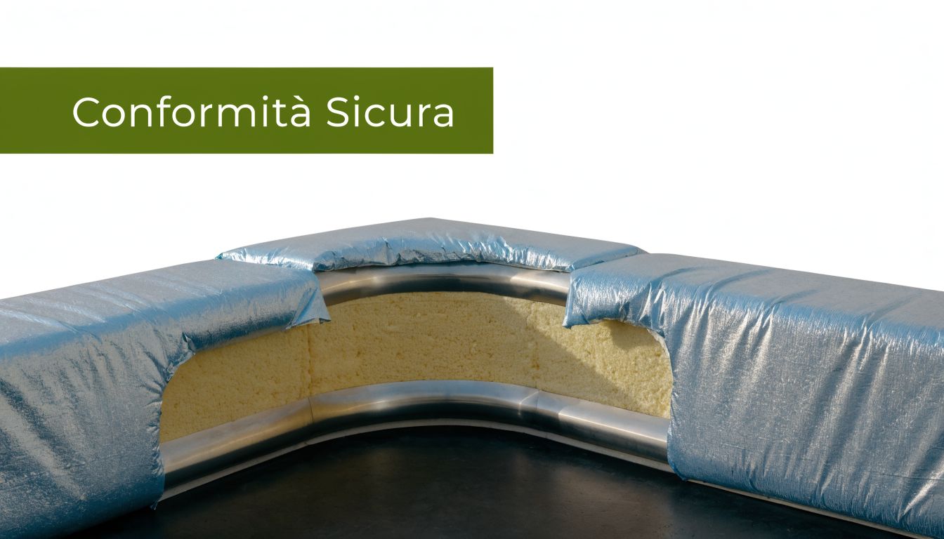 Una sezione trasversale di un angolo di pannelli coibentati che mostra la struttura interna in schiuma e metallo.