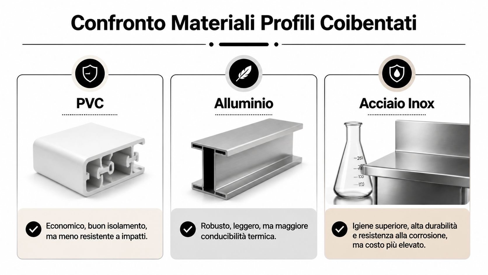 Confronto tra le caratteristiche di profili in PVC, alluminio e acciaio inox per pannelli coibentati.