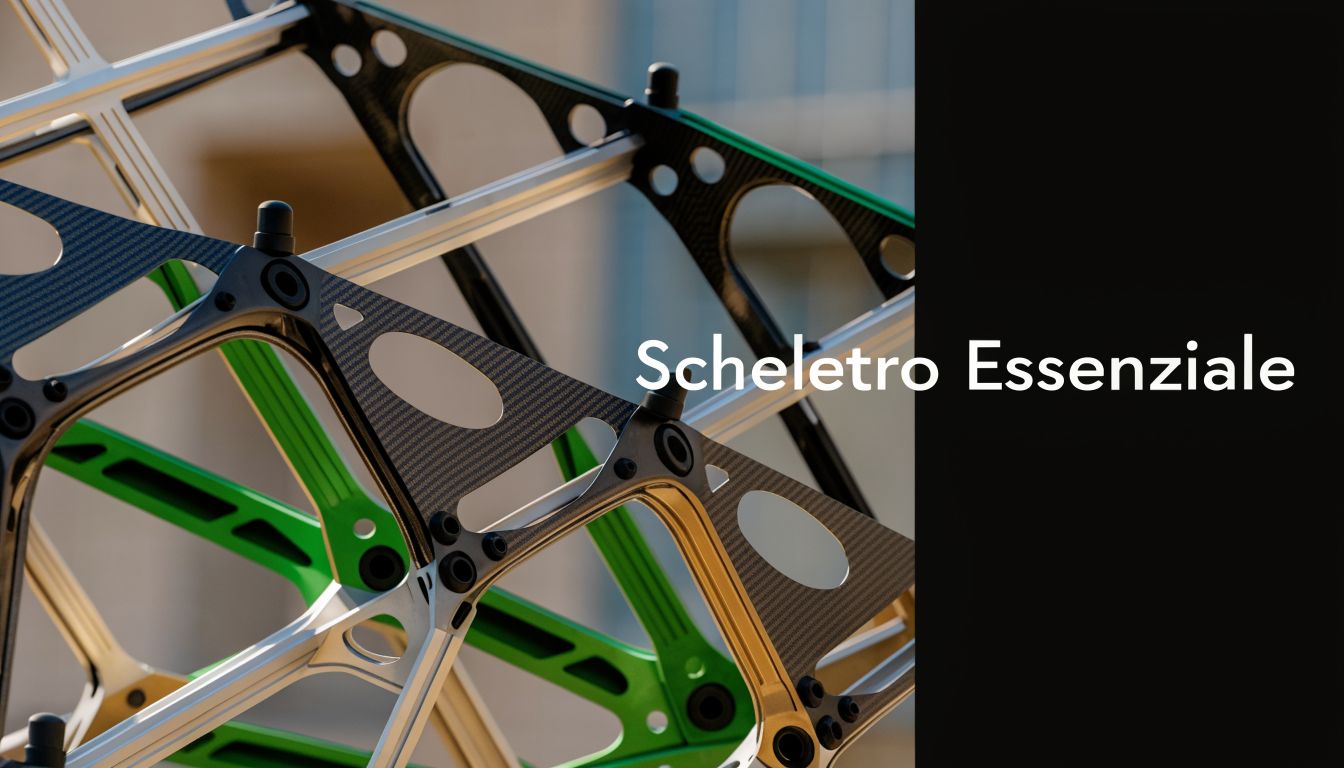 Dettaglio di una struttura modulare in alluminio e carbonio con design geometrico moderno e linee essenziali.