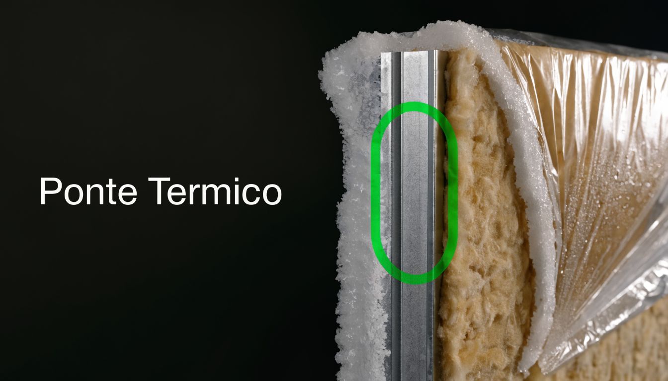 Sezione trasversale di un pannello isolante con accumulo di ghiaccio su un ponte termico metallico.