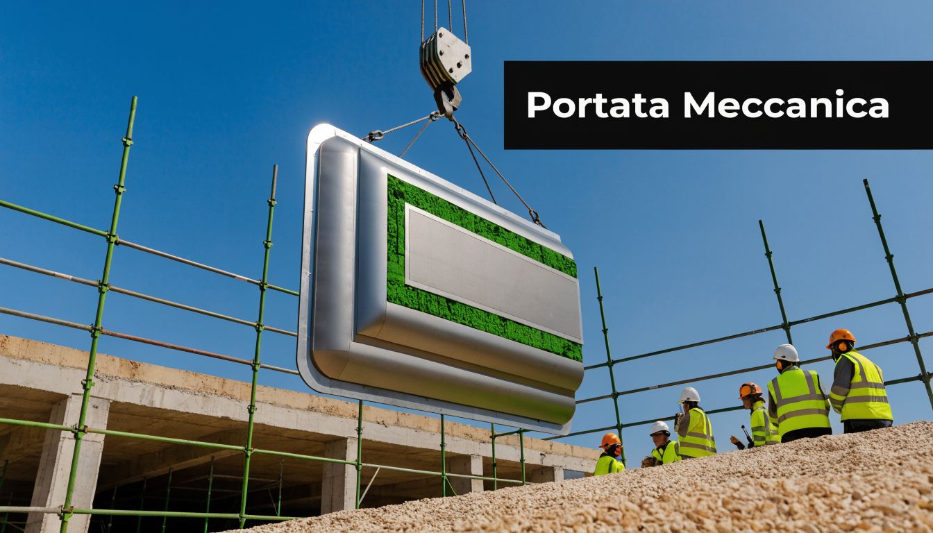 Operai in cantiere osservano una gru sollevare un grande pannello prefabbricato moderno con inserti verdi naturali.