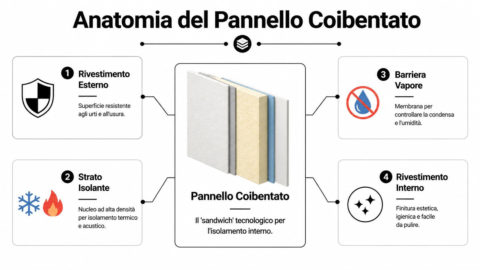 Illustrazione tecnica dell'anatomia di un pannello coibentato composto da rivestimento esterno, isolante, barriera vapore e rivestimento interno.