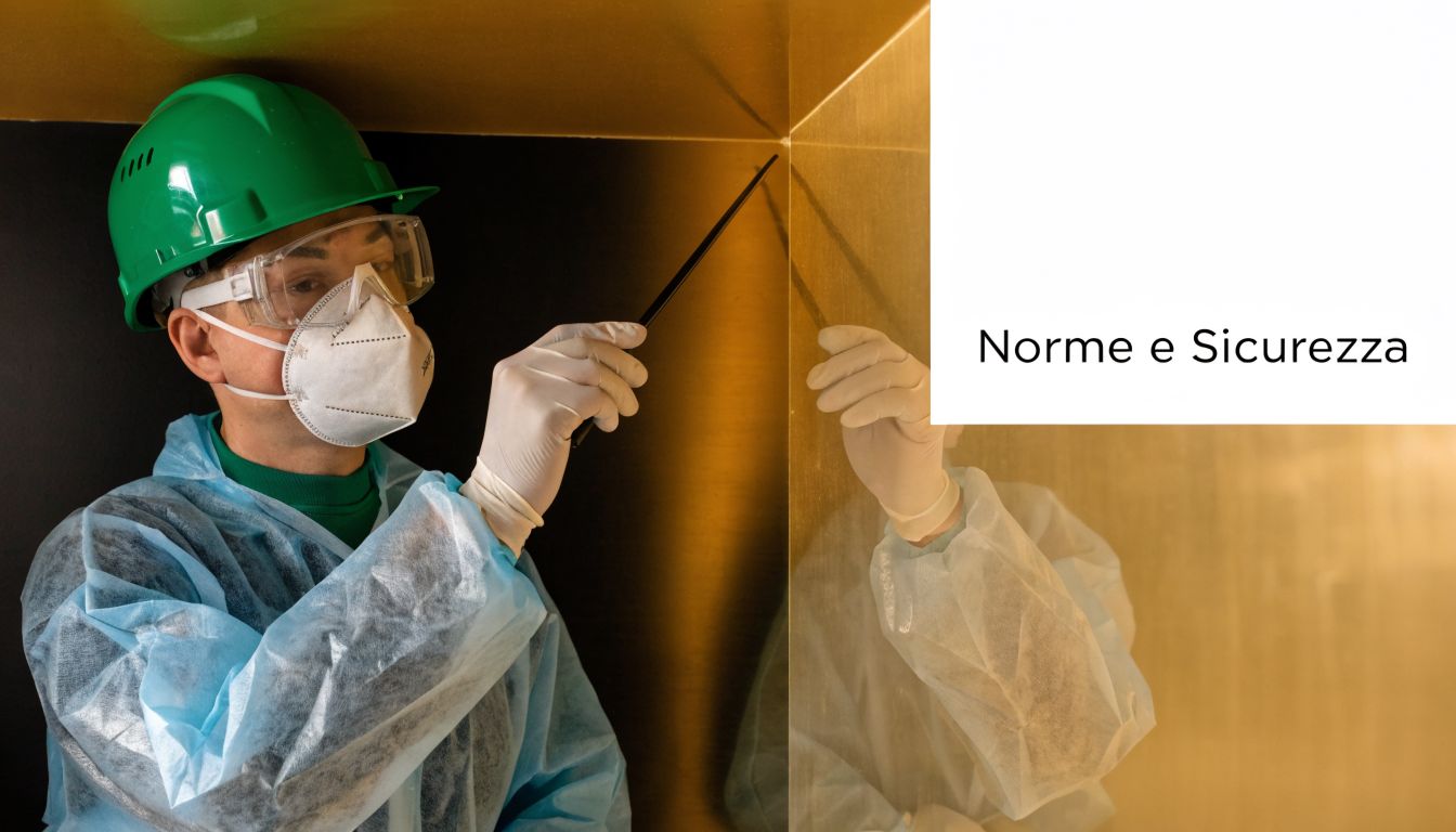 Un tecnico specializzato indossa indumenti protettivi mentre esegue un controllo di qualità su pannelli coibentati per pareti interne.