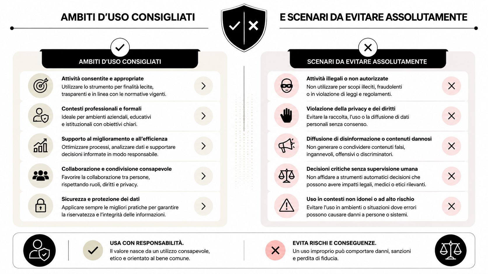 Infografica con linee guida per l'utilizzo etico e responsabile di strumenti tecnologici in ambiti professionali.
