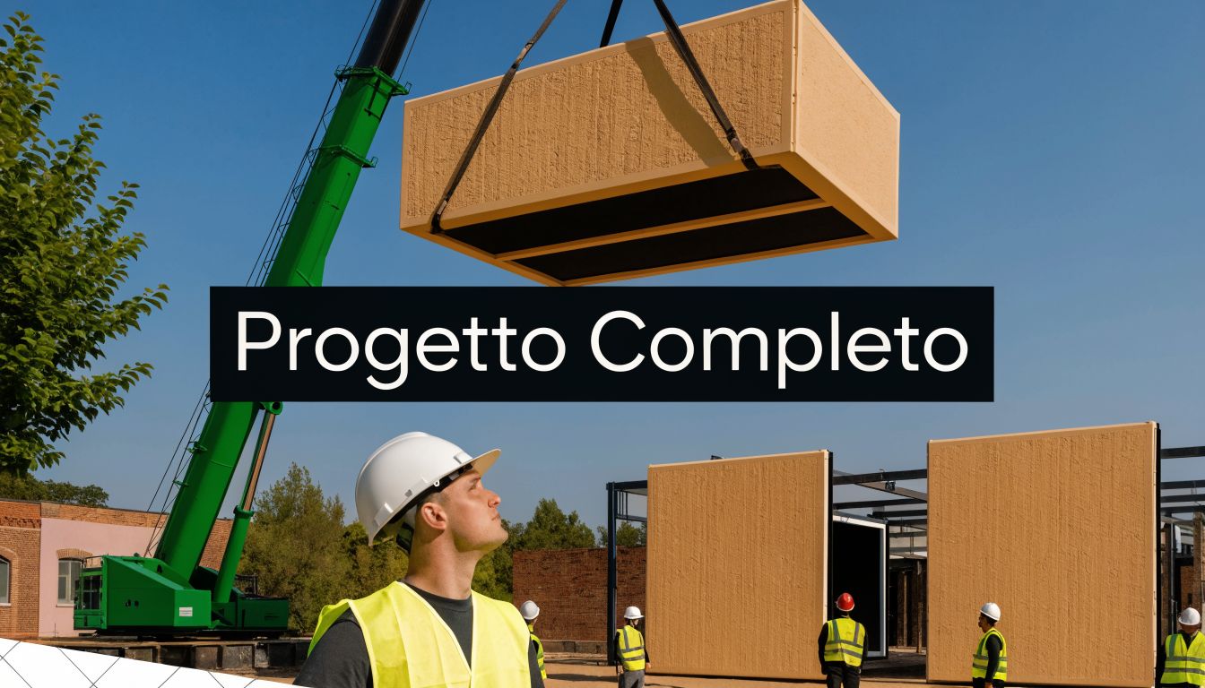 Operai in cantiere con elmetto osservano una gru che solleva una parete prefabbricata esterna coibentata.