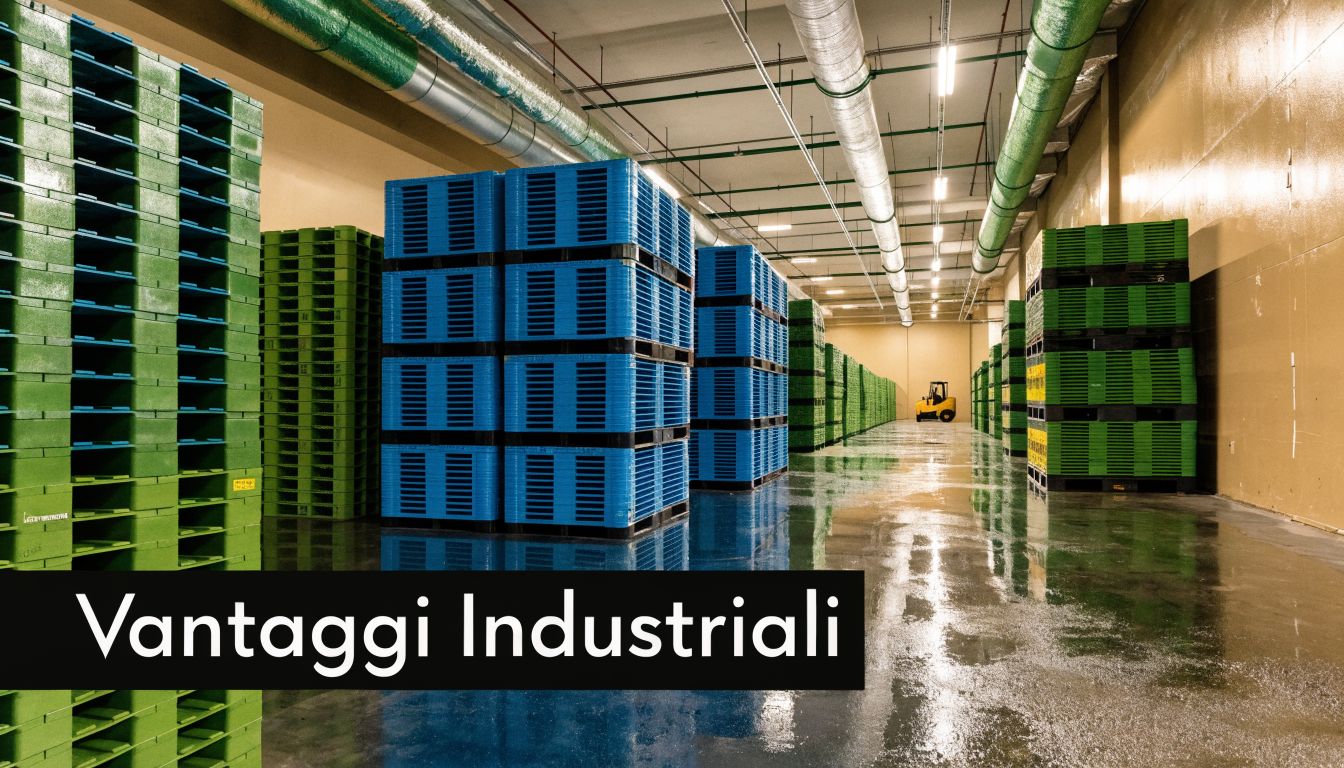 Un vasto magazzino industriale con pile di pallet in plastica verde e blu su pavimento lucido.
