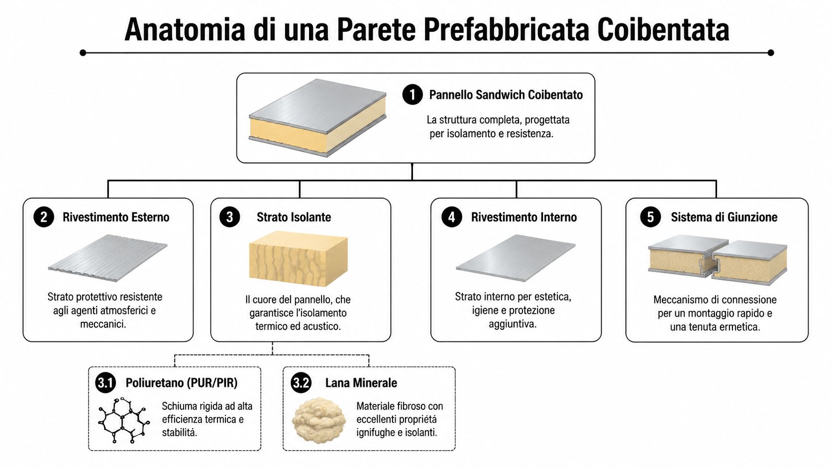 Diagramma esplicativo che illustra l'anatomia di una parete prefabbricata coibentata, evidenziandone i vari componenti strutturali e materiali.