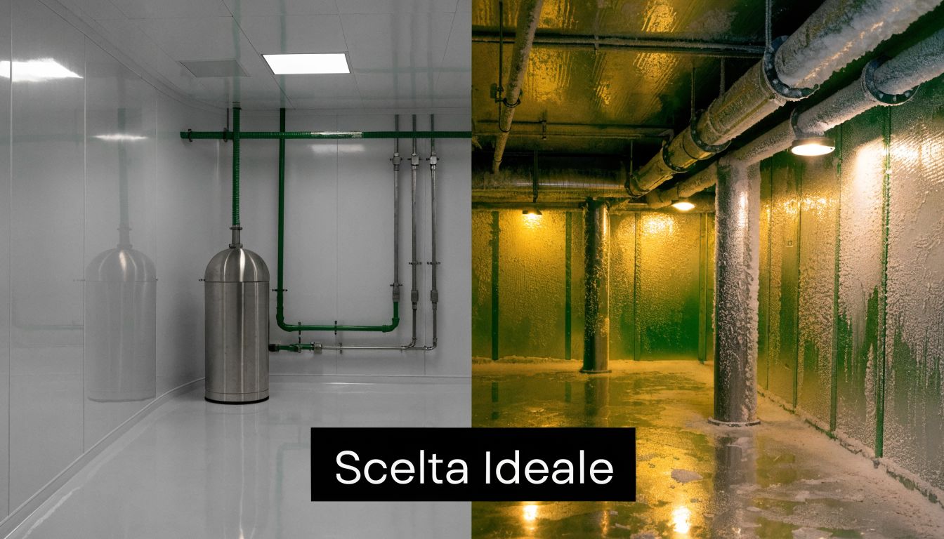 Confronto tra una moderna camera bianca pulita e una cella frigorifera industriale gelata, scelta ideale.