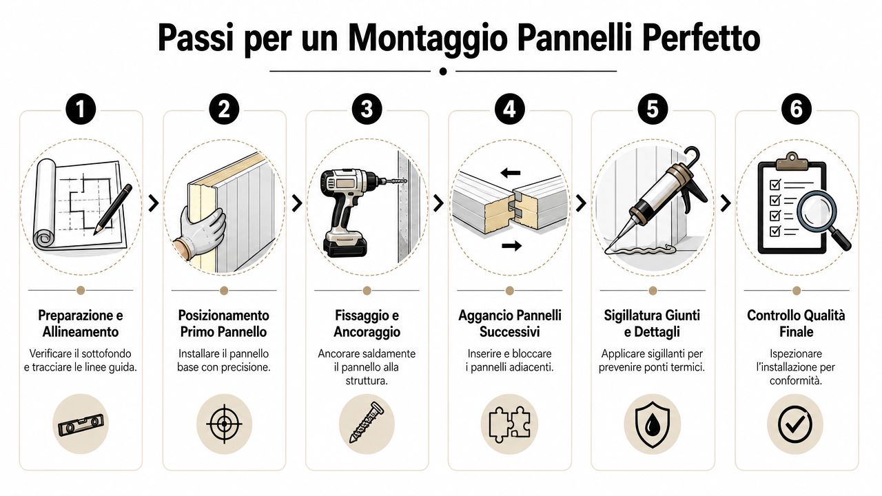 Infografica illustrata con sei passaggi fondamentali per eseguire un montaggio professionale di pannelli coibentati per pareti.