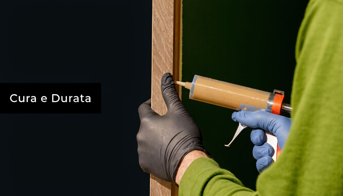 Un professionista in guanti applica sigillante adesivo su un telaio in legno per pannelli coibentati interni.